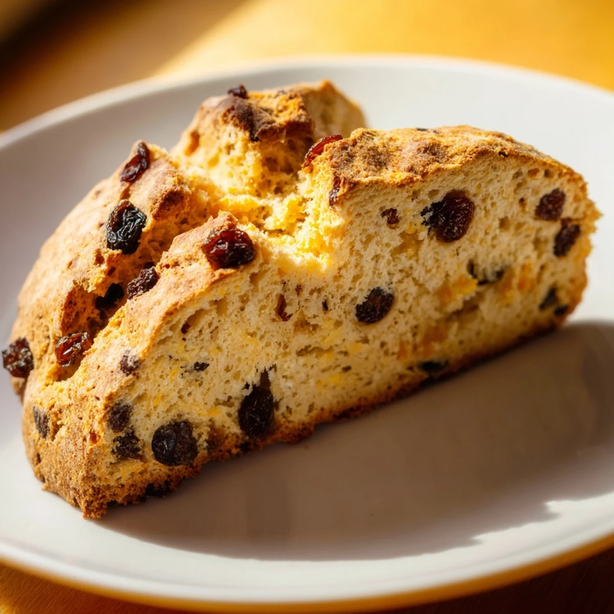 Freshly baked Irish Soda Bread with Raisins and Orange Zest, featuring a golden, crusty exterior and soft interior, served on a rustic wooden board.