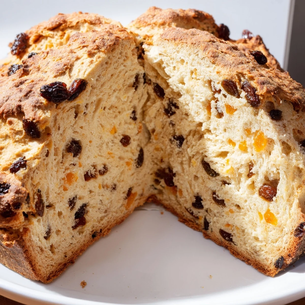 A rustic, golden-brown loaf of Irish Soda Bread with Raisins and Orange Zest, sliced to reveal plump raisins and fragrant citrus throughout.
