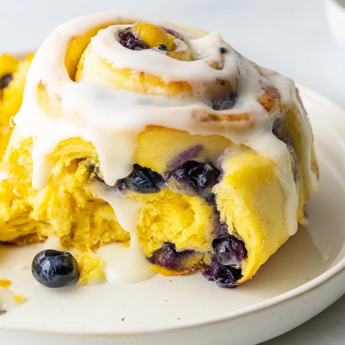 Golden-brown Lemon Blueberry Sweet Rolls with vanilla icing drizzled over the top, served warm on a rustic wooden board.