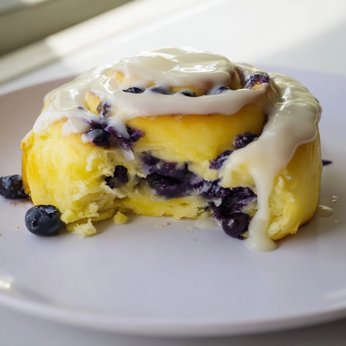 Freshly baked Lemon Blueberry Sweet Rolls stacked on a white plate, ready for a sweet breakfast or brunch.