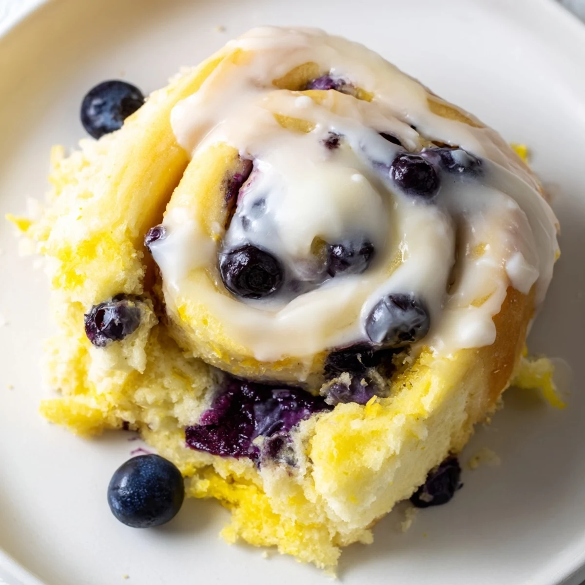 Close-up of fluffy Lemon Blueberry Sweet Rolls, revealing juicy blueberries and bright lemon zest in the spiraled filling.