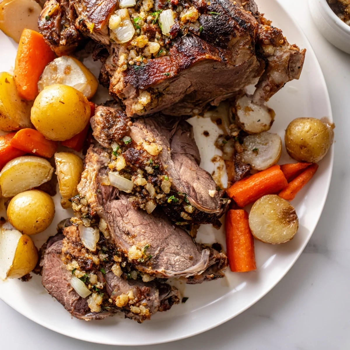 A close-up of slow roasted leg of lamb with lemon and oregano, glistening with pan juices alongside roasted baby potatoes and carrots.