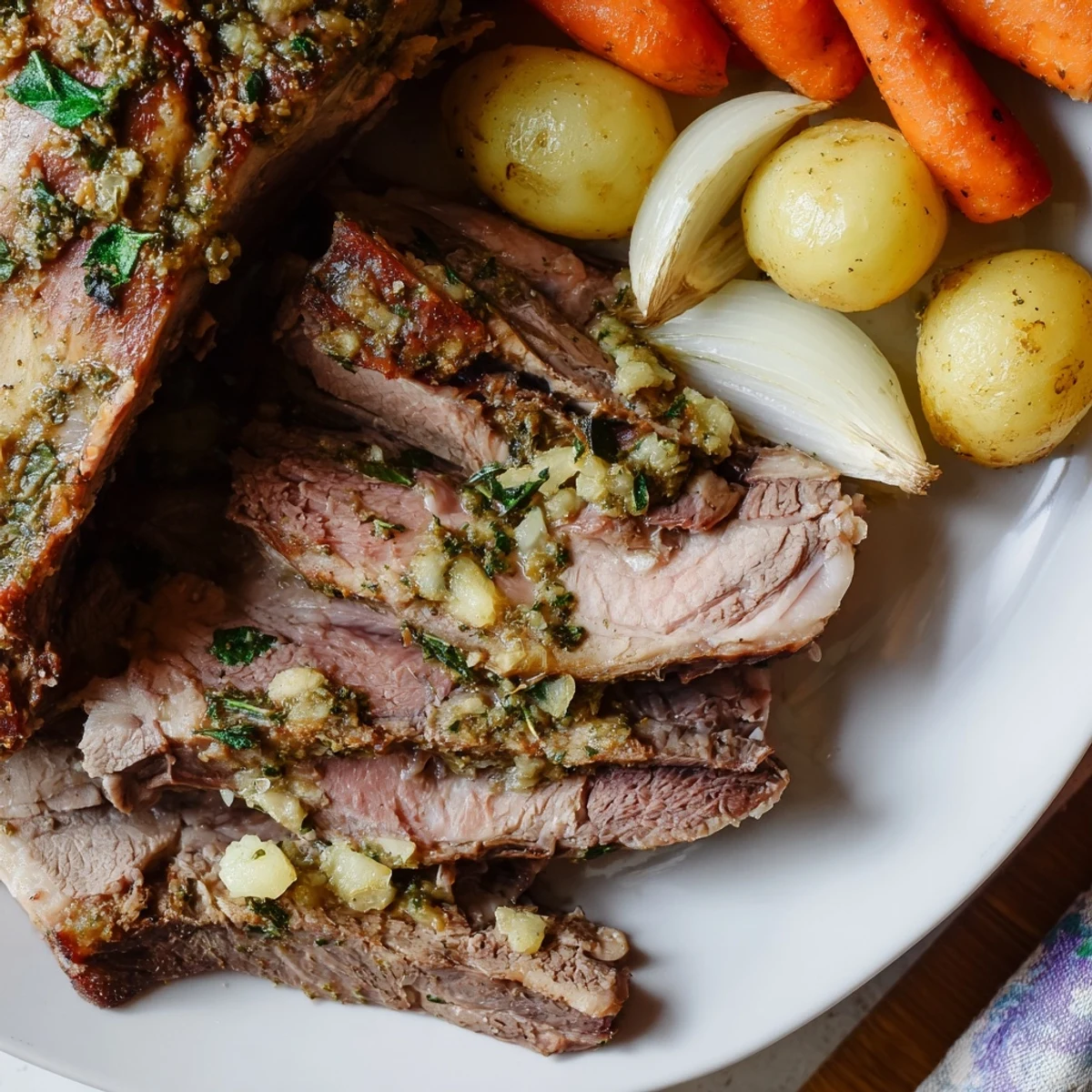 Juicy slices of slow roasted leg of lamb with lemon and oregano are served with Mediterranean vegetables and fresh herbs.