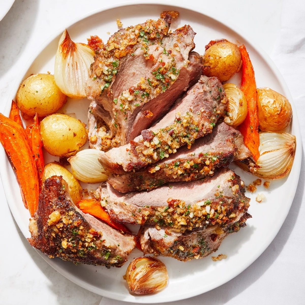 Slow roasted leg of lamb with lemon and oregano rests on a platter, ready to be carved for a family dinner.
