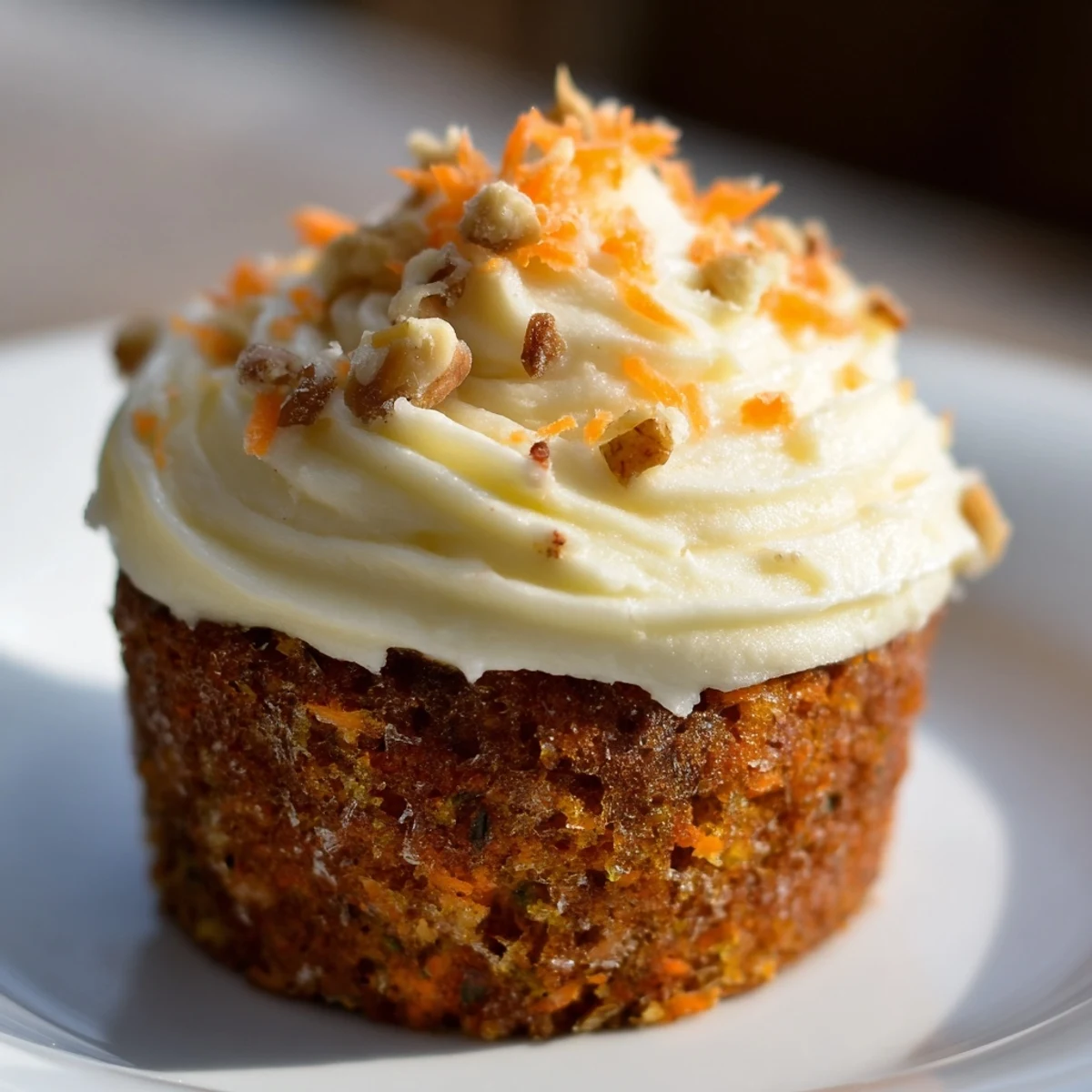 Freshly baked Carrot Cake Cupcakes with cream cheese frosting sit on a wire rack, dusted with cinnamon.
