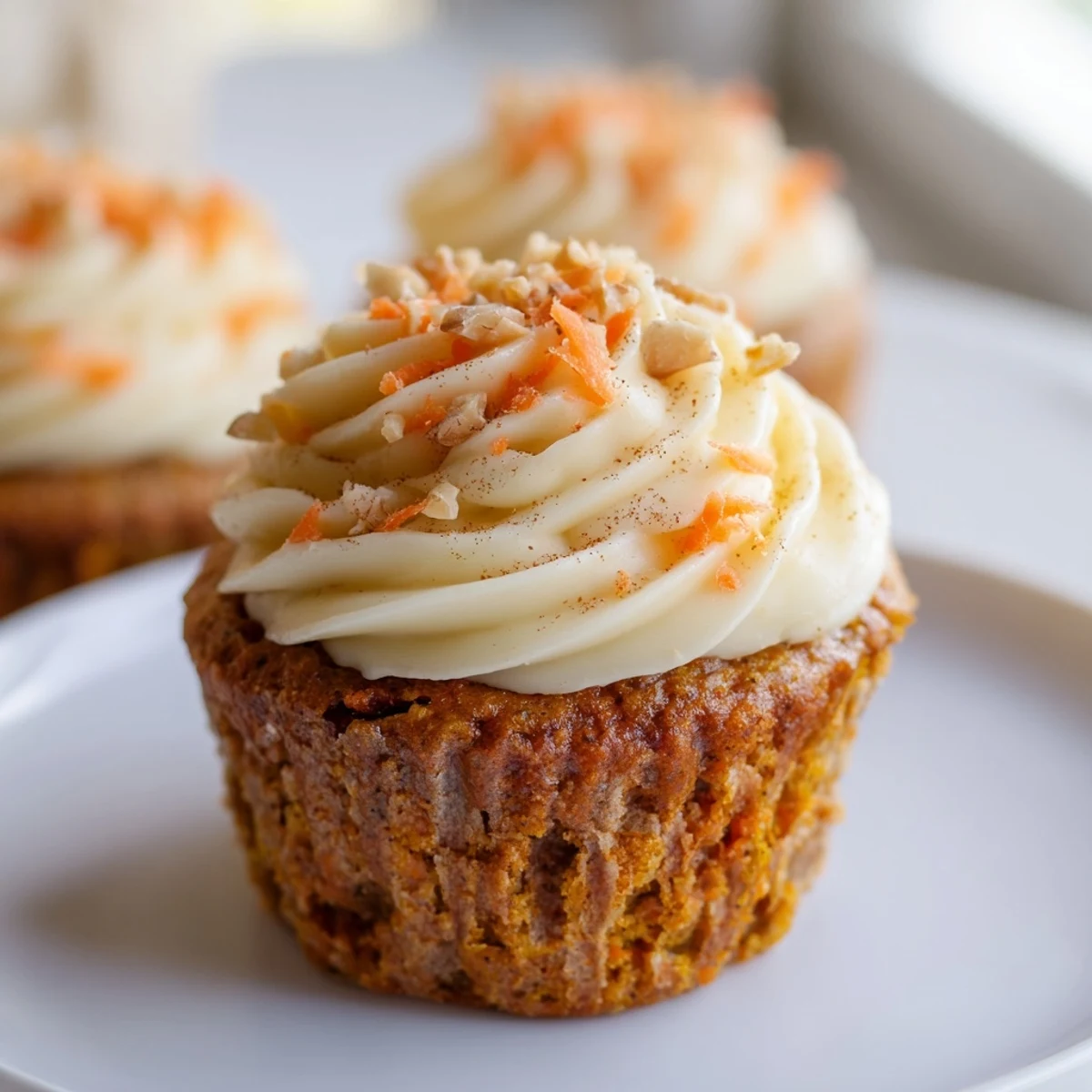 Warm Carrot Cake Cupcakes are ready to serve, topped with smooth cream cheese frosting and chopped walnuts.