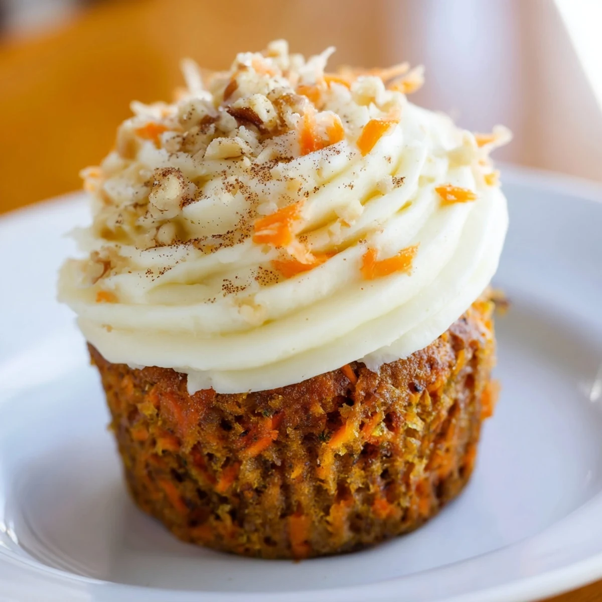 Moist Carrot Cake Cupcakes with cream cheese frosting are plated on a dessert stand for a party.