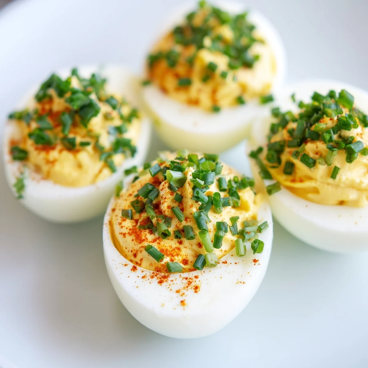 A close-up of chilled Deviled Eggs with Chives and Smoked Paprika, garnished with a sprinkle of paprika, ready for a party or picnic spread.
