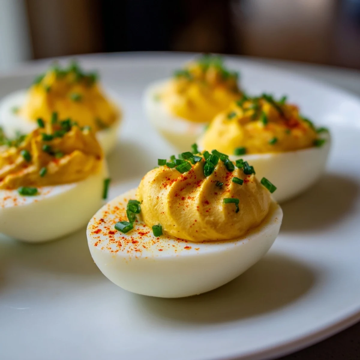 Bright yellow yolk filling with fresh green chives and a dusting of smoked paprika tops halved Deviled Eggs with Chives and Smoked Paprika on a white platter.