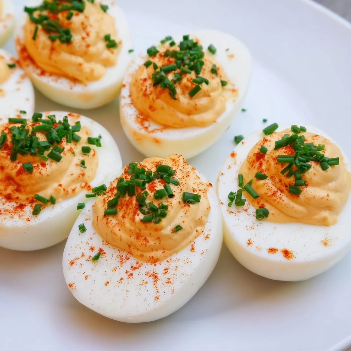 Overhead view of a dozen Deviled Eggs with Chives and Smoked Paprika on a rustic table, highlighting creamy texture and smoky aroma for a classic appetizer.