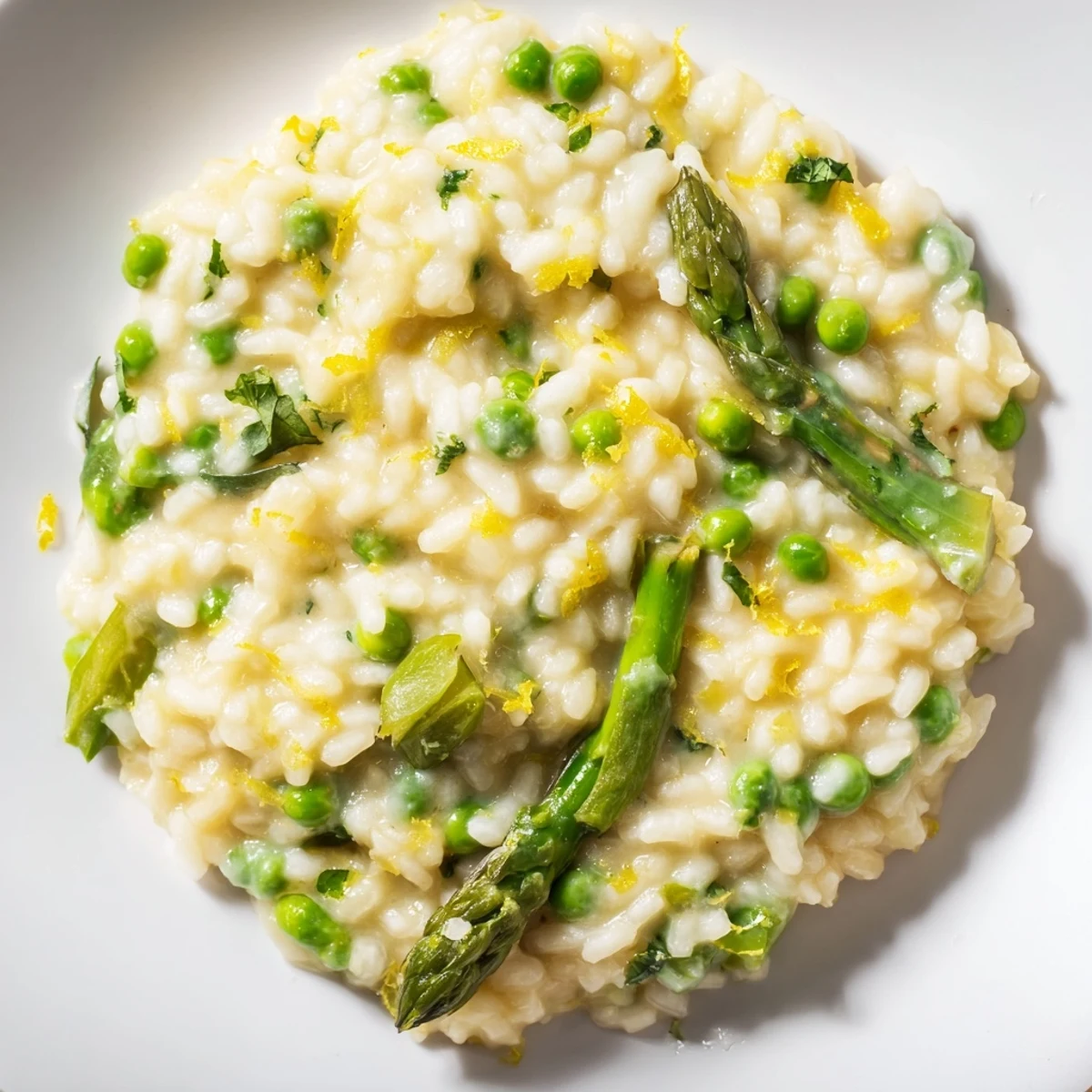 Creamy Asparagus and Pea Risotto with Parmesan served in a white bowl garnished with fresh herbs.