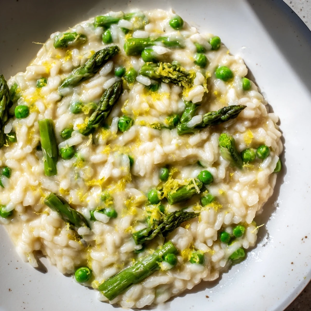 A comforting bowl of Creamy Asparagus and Pea Risotto with Parmesan topped with extra grated cheese.