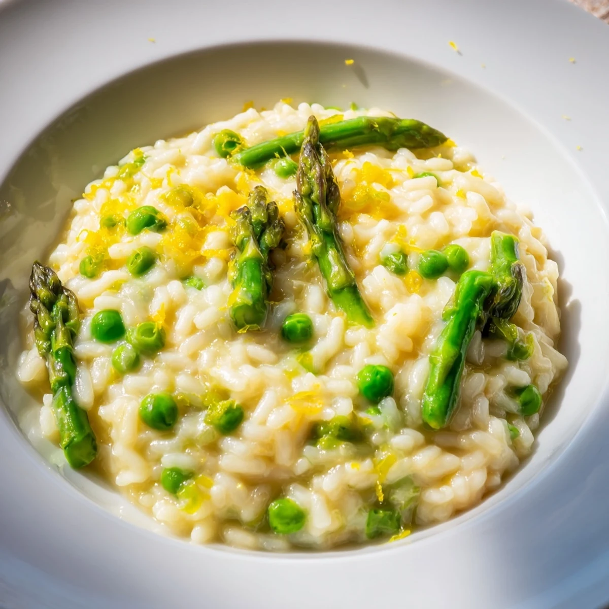 Vibrant spring vegetables in Creamy Asparagus and Pea Risotto with Parmesan next to a glass of white wine.