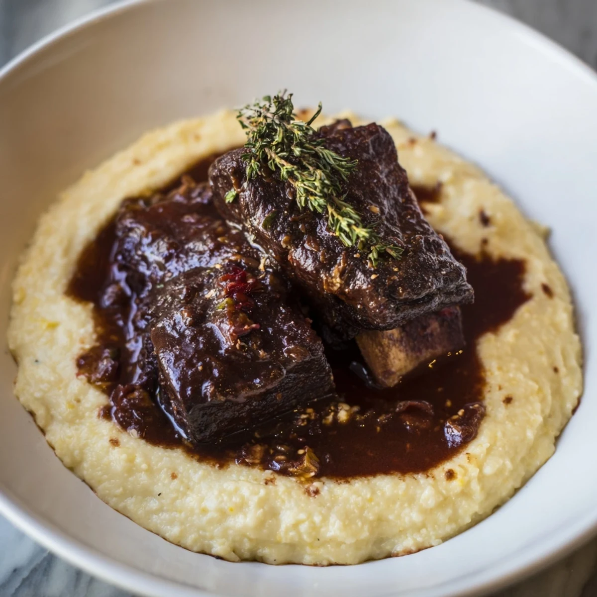Slow-braised beef short ribs in rich red wine sauce, served over creamy polenta in a rustic ceramic bowl.