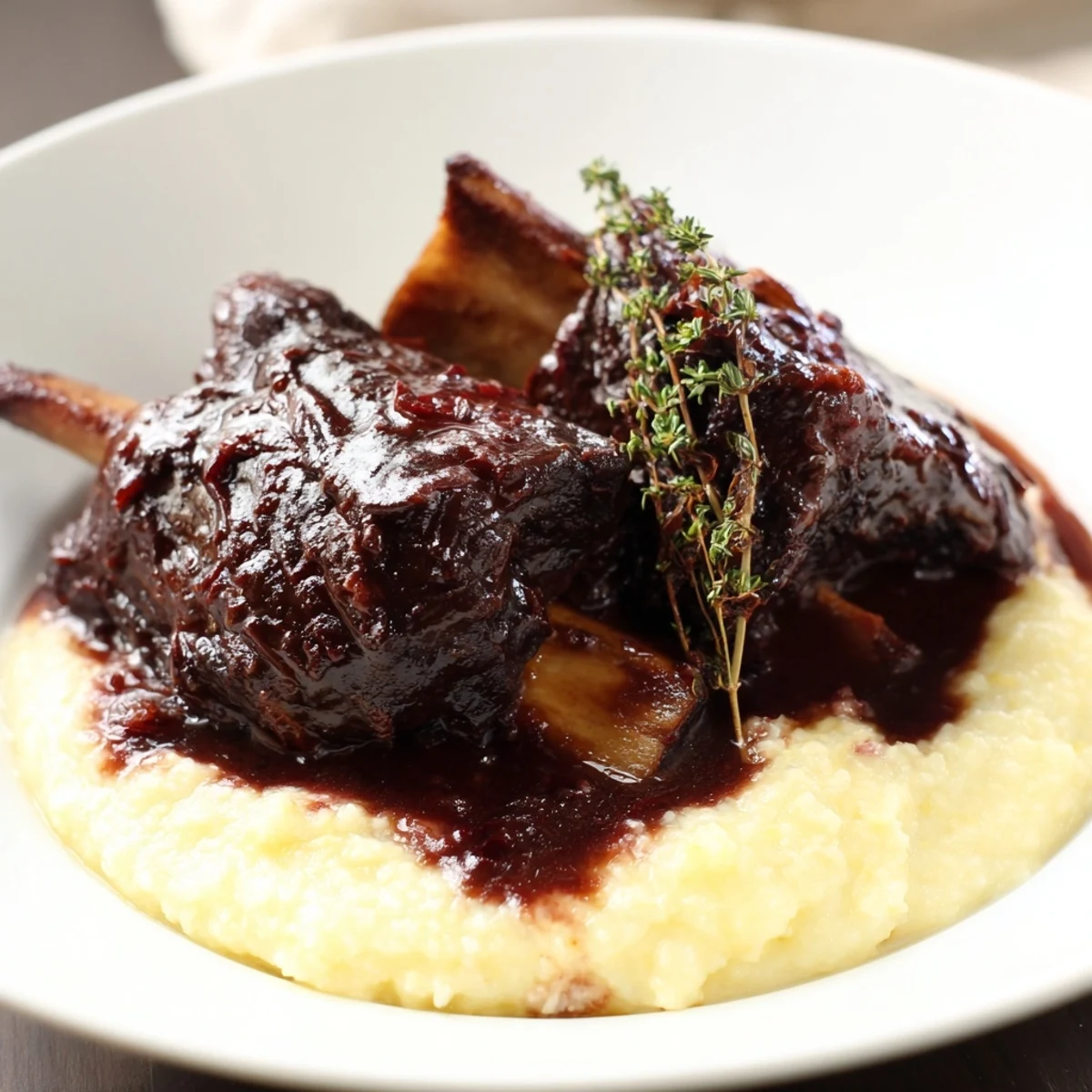 Close-up of tender, fall-off-the-bone beef short ribs on creamy polenta with fresh thyme and rosemary sprigs.