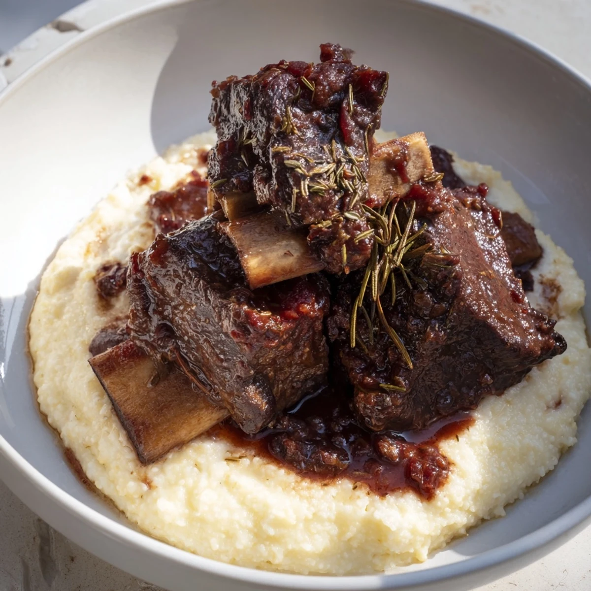 Hearty Italian-American braised short ribs with creamy polenta and red wine sauce in a cast-iron Dutch oven.