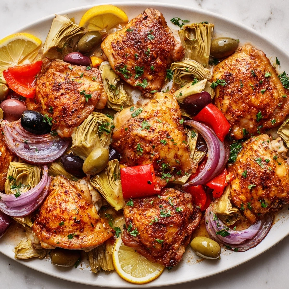 Golden-brown Sheet Pan Chicken with Artichokes and Olives roasted with red onion and bell peppers, ready to serve.