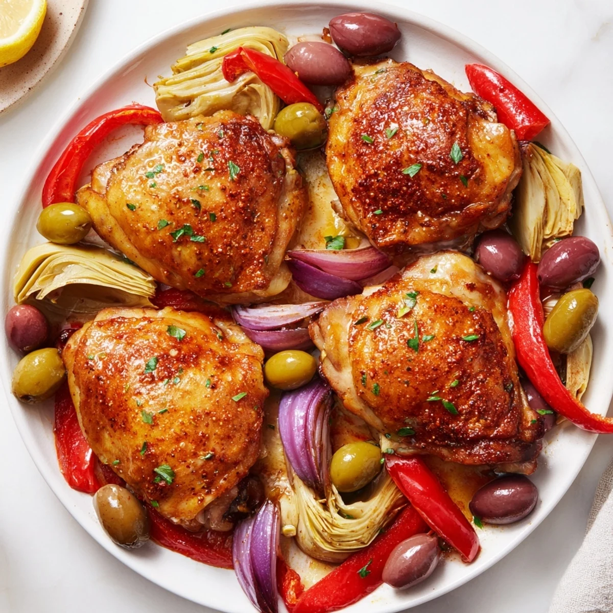 Juicy Sheet Pan Chicken with Artichokes and Olives sits beside tender artichokes and briny olives on a rustic platter.