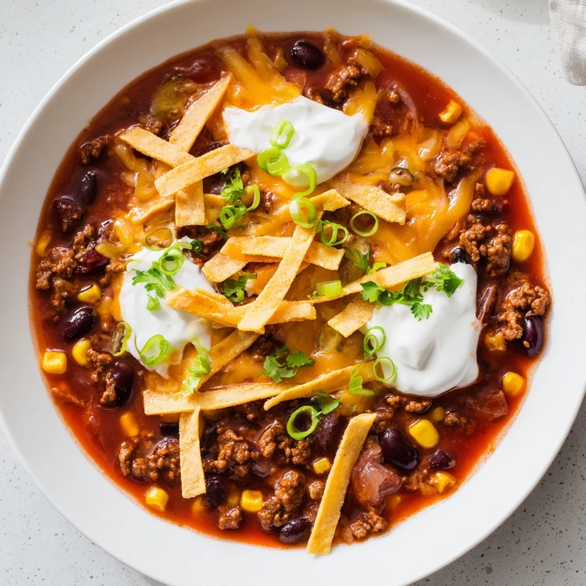 Hearty Beef Enchilada Soup in a rich tomato broth with ground beef, corn, and beans, garnished with sour cream.