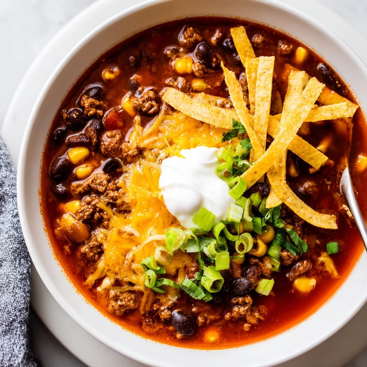 Delicious Beef Enchilada Soup served with lime wedges, shredded cheese, and crunchy tortilla strips for dipping.