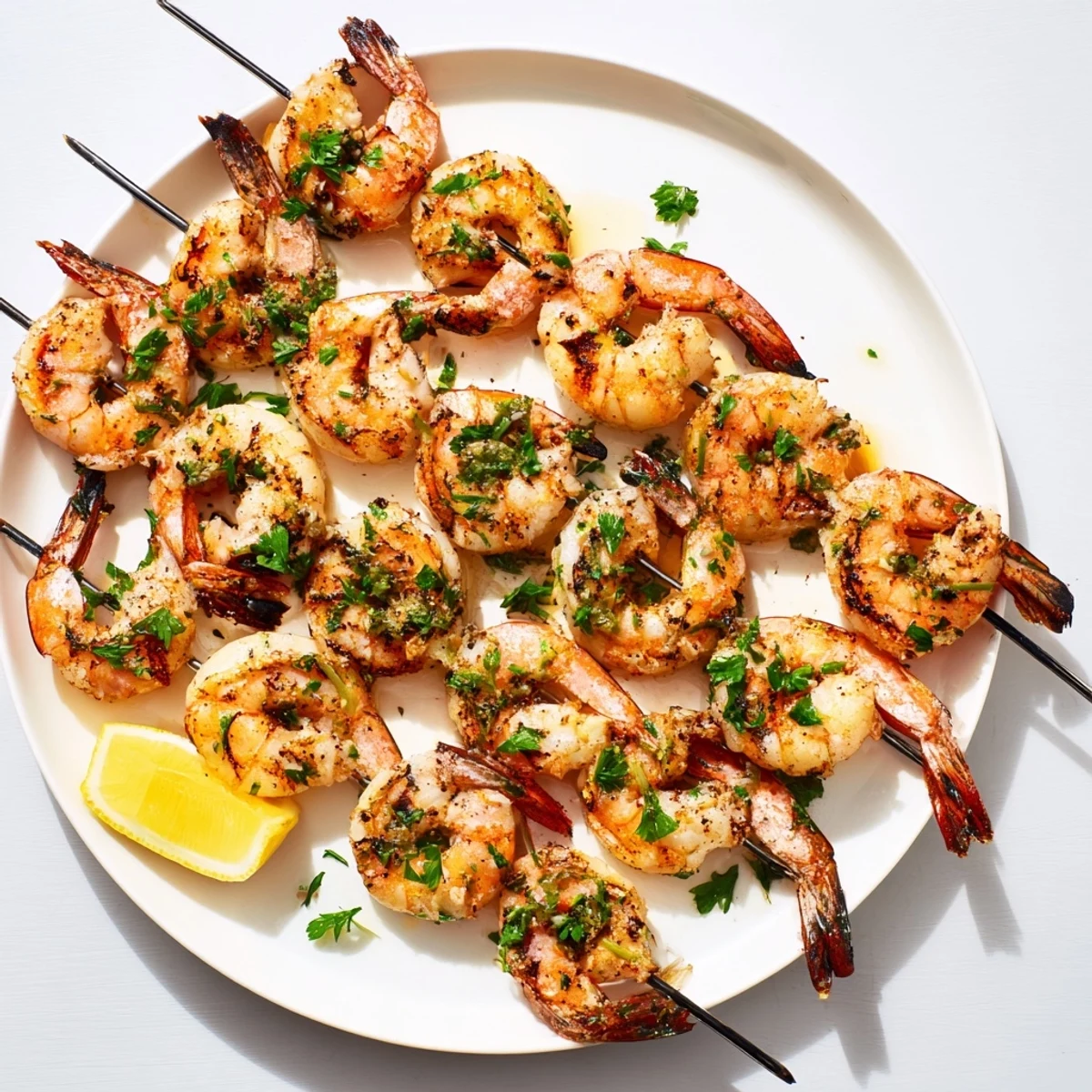 Tender Lemon Garlic Shrimp Skewers served over fluffy rice with a side salad for a light dinner.