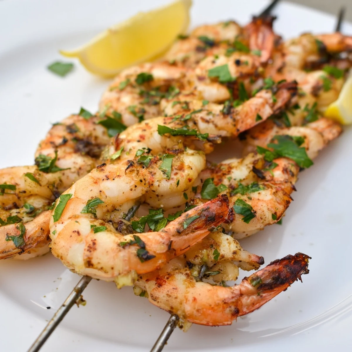 Grilled Lemon Garlic Shrimp Skewers sizzling on a platter with fresh lemon wedges and chopped parsley garnish.