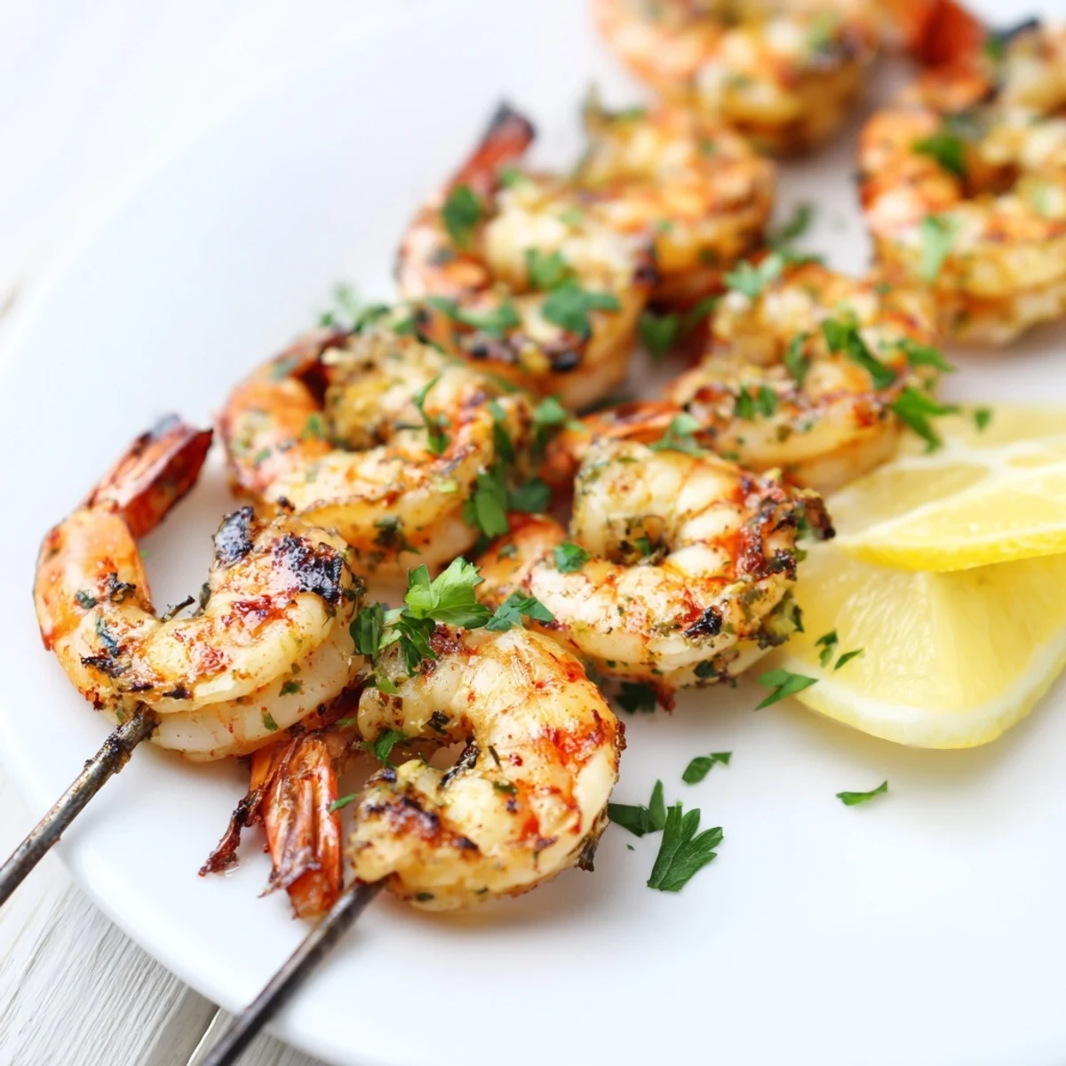 Perfectly charred Lemon Garlic Shrimp Skewers on a rustic wooden board, ready for a Mediterranean-inspired appetizer.
