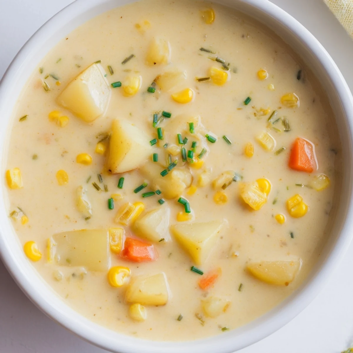 A bowl of Creamy Corn and Potato Chowder garnished with fresh chives, steaming on a rustic table.