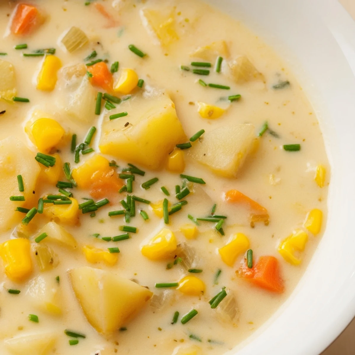 Serving suggestion for Creamy Corn and Potato Chowder alongside warm crusty bread and a green salad.