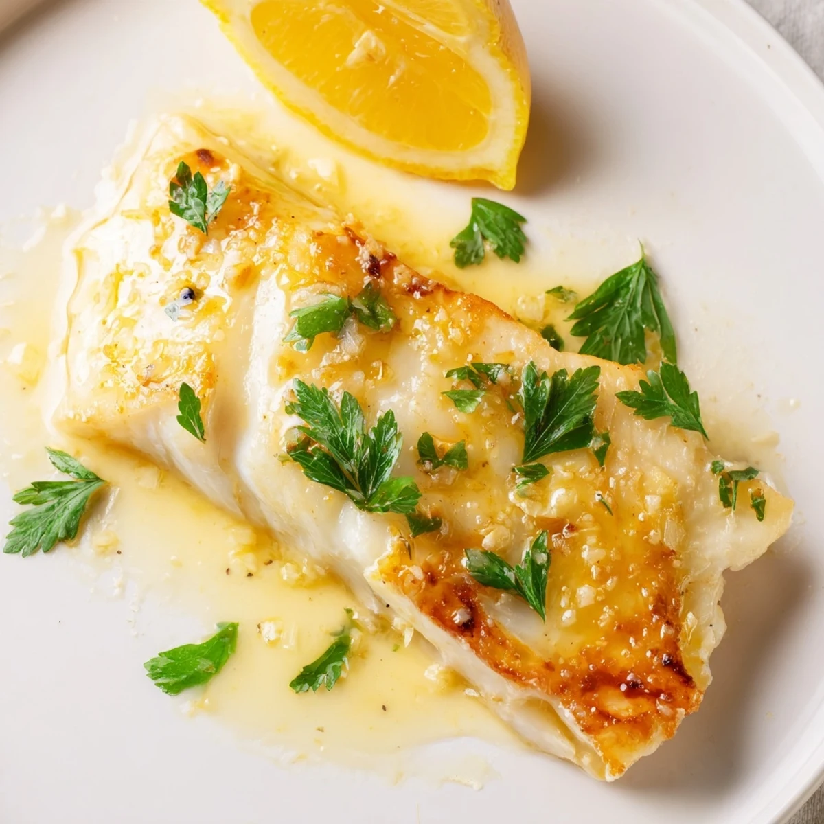 A close-up of tender Baked Halibut with Lemon Butter, glistening with citrusy sauce on a white plate. 