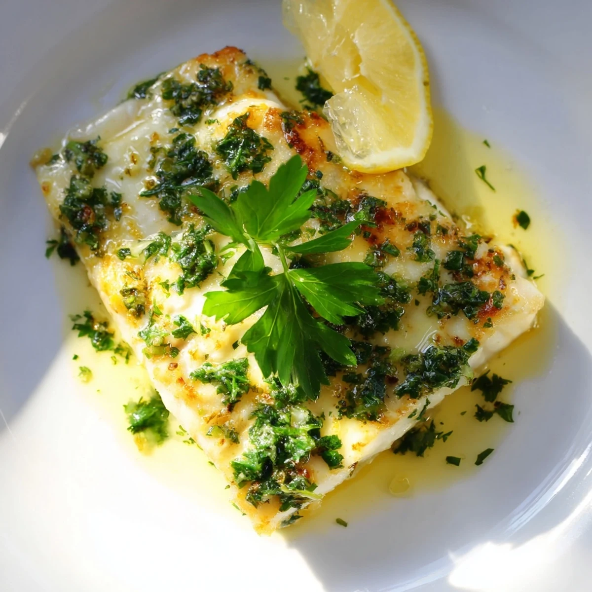 Moist, flaky Baked Halibut with Lemon Butter garnished with herbs, ready to eat alongside steamed vegetables.