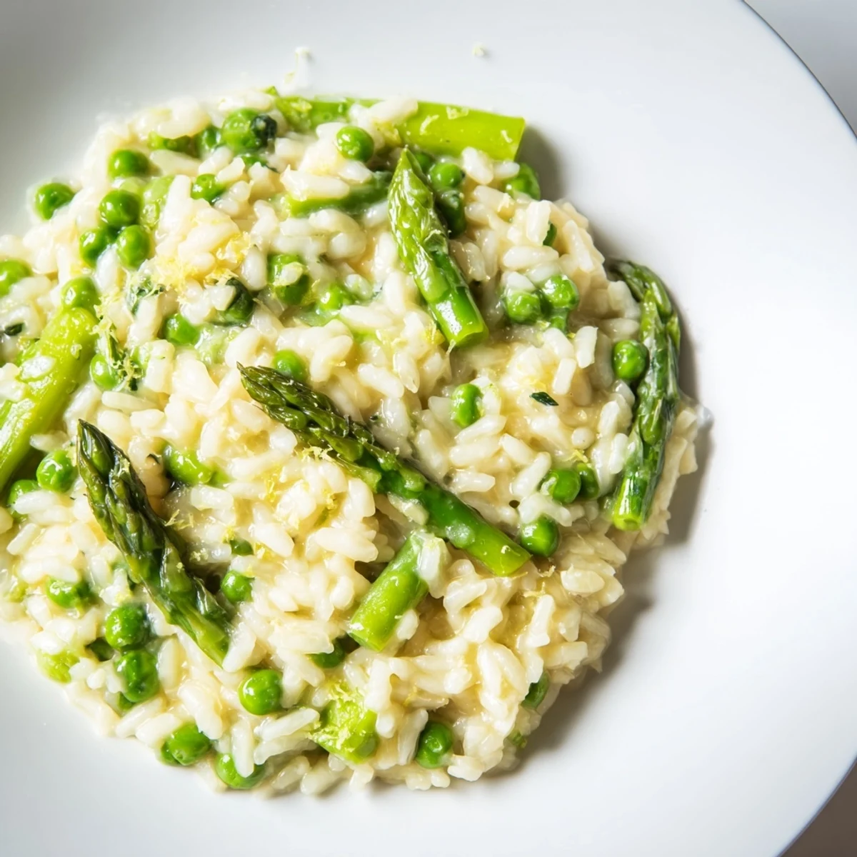 A close-up of Creamy Spring Pea and Asparagus Risotto in a white bowl, showcasing vibrant green peas and tender asparagus pieces nestled in the creamy rice.