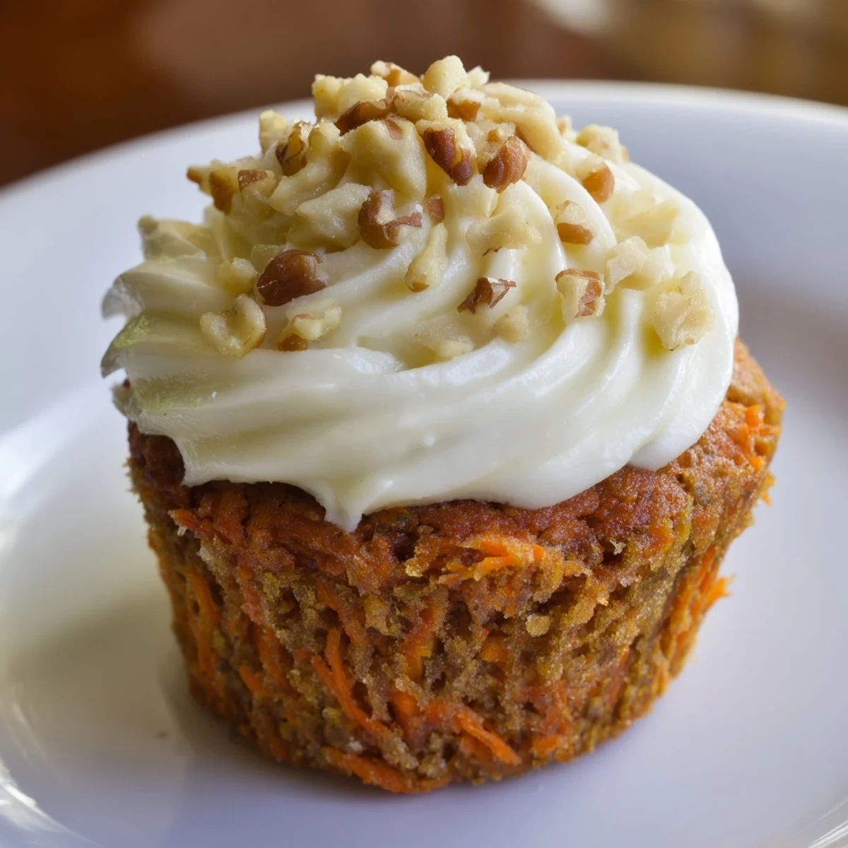 A close-up of a carrot cake cupcake with cream cheese frosting and a crunchy pecan garnish.