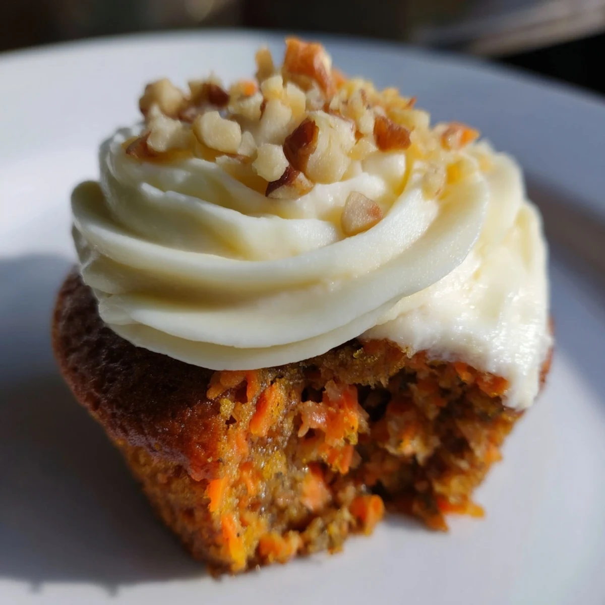 Twelve moist carrot cake cupcakes with cream cheese frosting, topped with chopped walnuts on a marble tray.