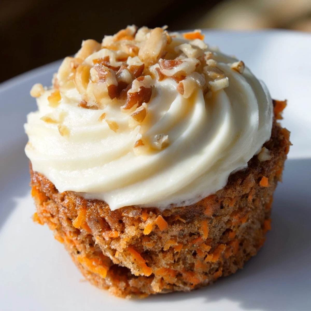 Stack of three carrot cake cupcakes with cream cheese frosting, dusted with cinnamon and served on a plate.