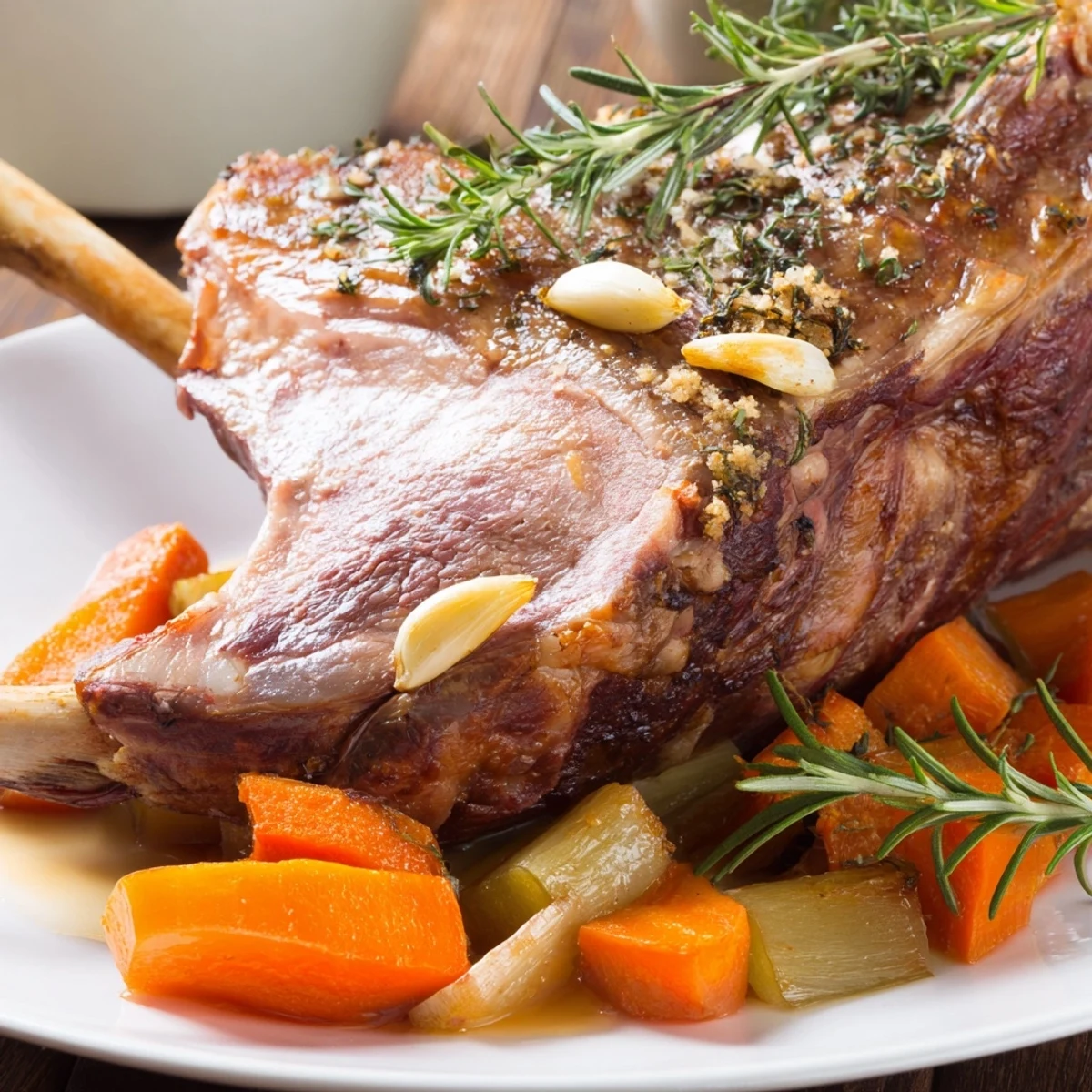 Slow roasted leg of lamb with garlic and rosemary rests on a carving board, glistening with pan juices and fresh herb sprigs.
