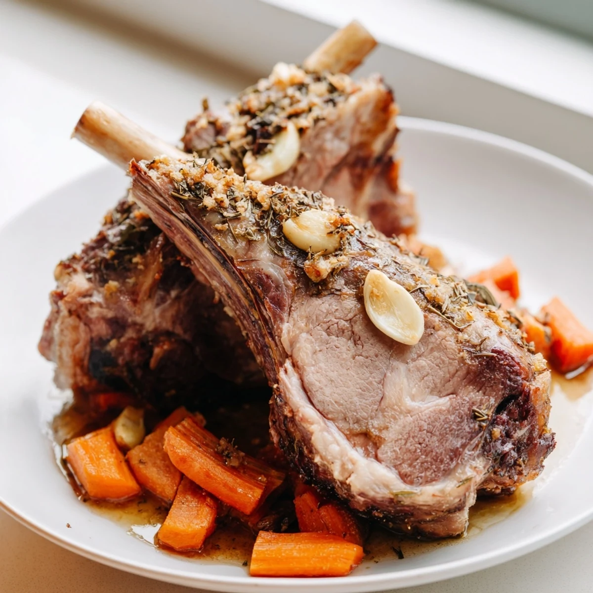 Slices of slow roasted leg of lamb with garlic and rosemary are arranged next to a glass of white wine for serving.