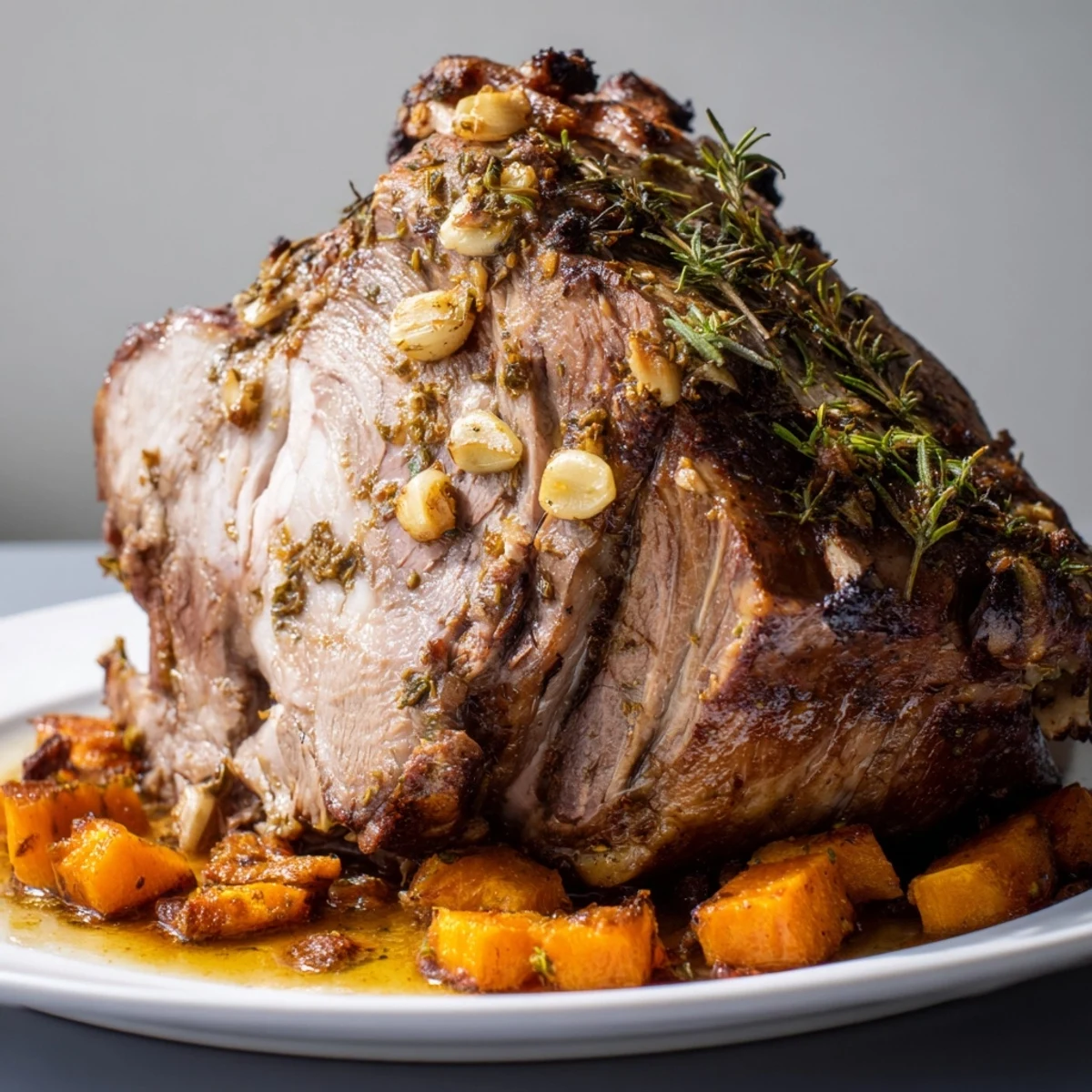 A succulent slow roasted leg of lamb with garlic and rosemary sits on a platter with roasted carrots and celery nearby.