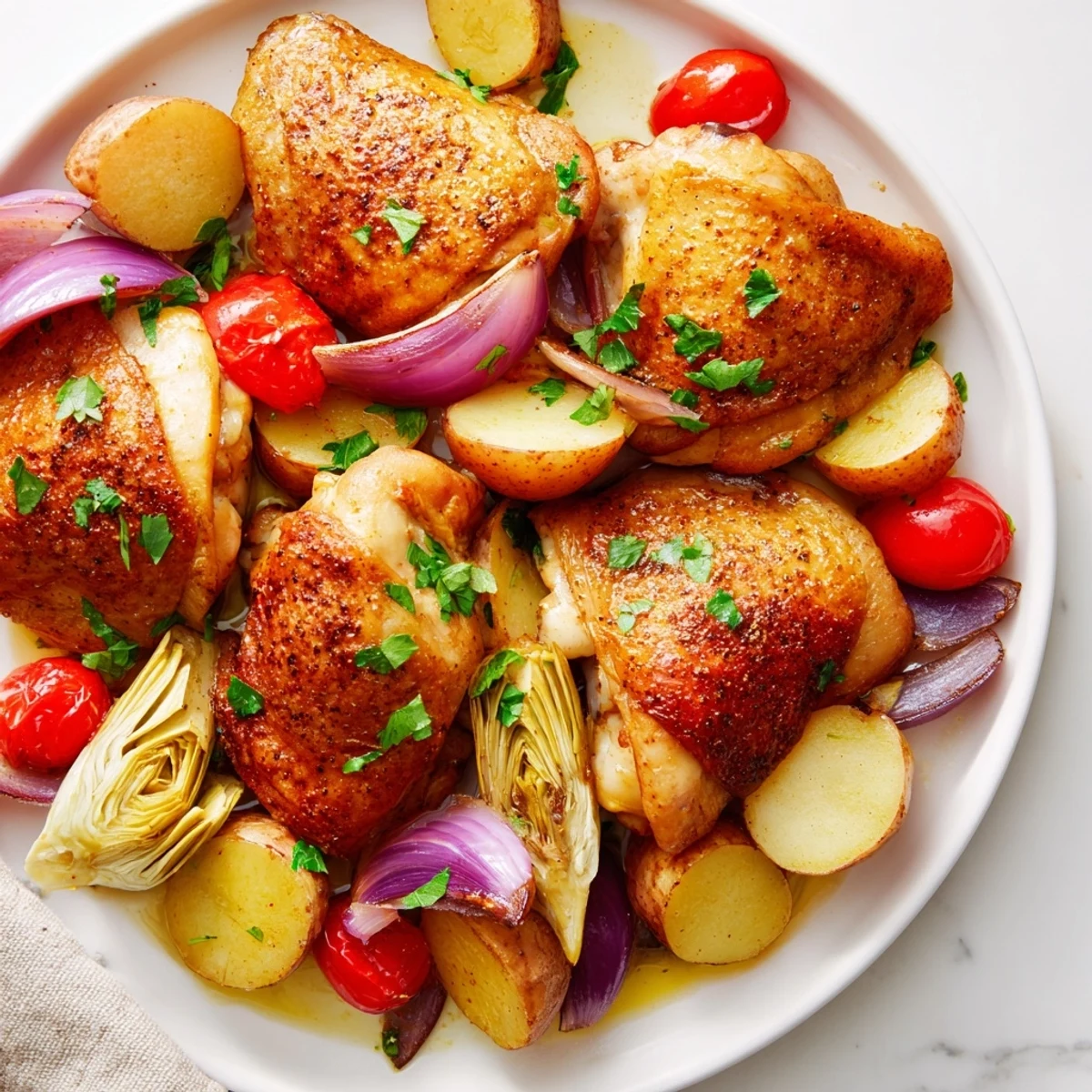 A close-up of the Sheet Pan Lemon Herb Chicken with Artichokes shows tender chicken and charred cherry tomatoes on a rustic wooden table.