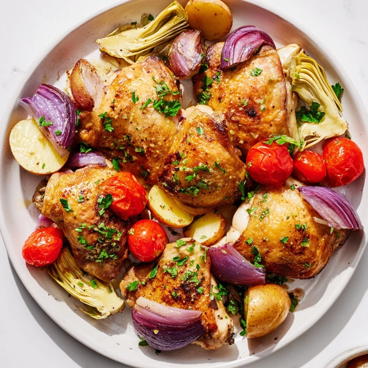 Golden chicken thighs, juicy and crisp, sit alongside roasted baby potatoes and artichokes in this Sheet Pan Lemon Herb Chicken with Artichokes, garnished with fresh parsley.