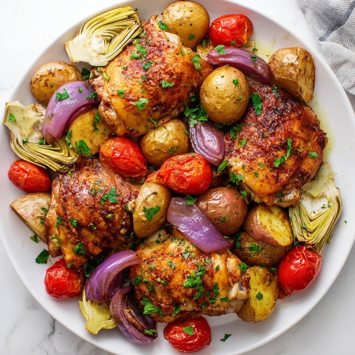 Serve this gluten-free Sheet Pan Lemon Herb Chicken with Artichokes over rice or with crusty bread for a complete Mediterranean dinner.