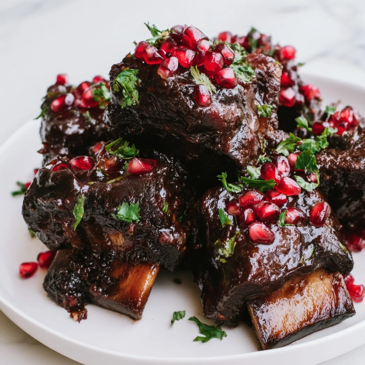 Slow-braised beef short ribs glistening with pomegranate glaze on a rustic wooden platter, served alongside creamy mashed potatoes for a hearty main dish.