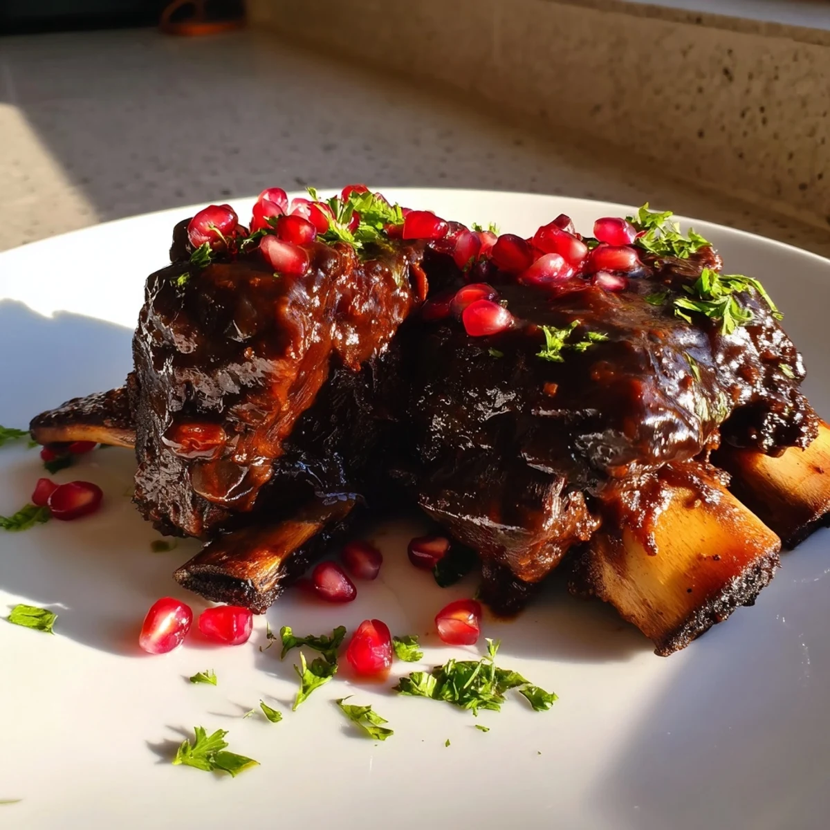 Bone-in beef short ribs simmered until tender in a rich sauce, garnished with fresh parsley and bright pomegranate seeds for a showstopping centerpiece.