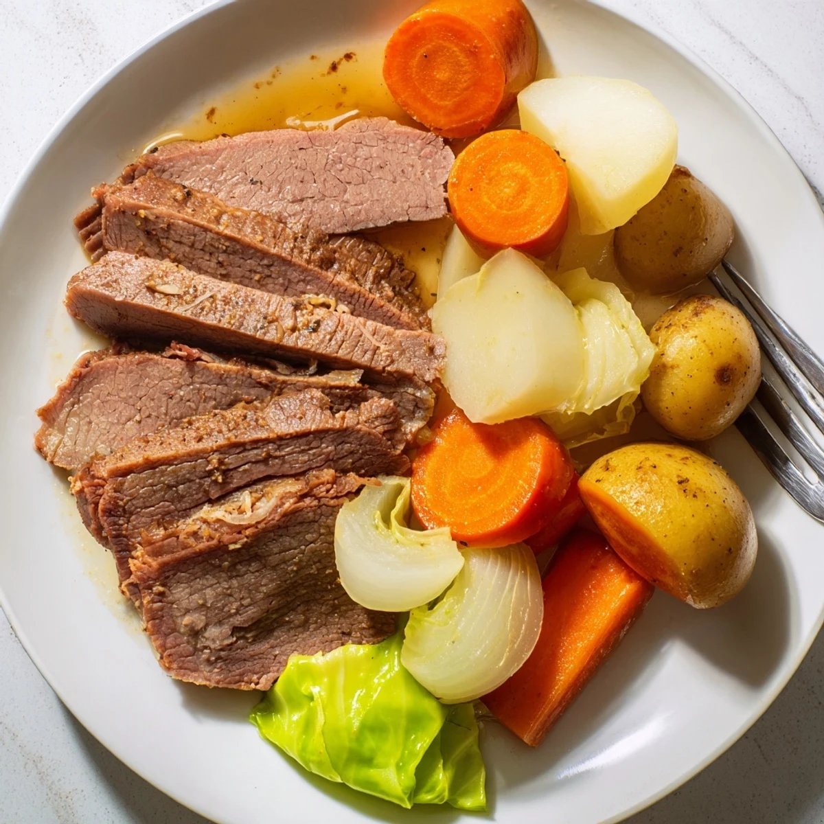 Sliced Slow Cooked Corned Beef Brisket with Cabbage Wedges served with carrots and potatoes on a rustic plate.  