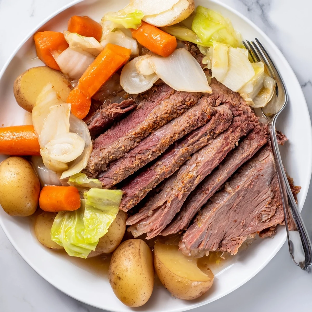 A hearty Slow Cooked Corned Beef Brisket with Cabbage Wedges slow-cooked to tender perfection, garnished with fresh parsley.  