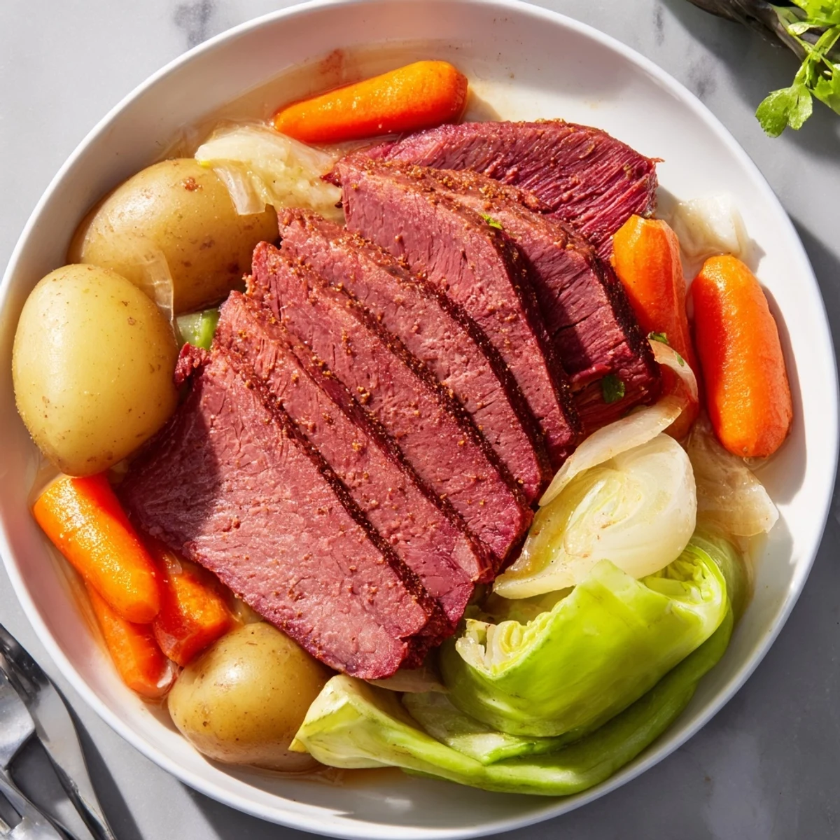 Steaming Slow Cooked Corned Beef Brisket with Cabbage Wedges on a dinner plate, ready for a family St. Patrick's Day feast.