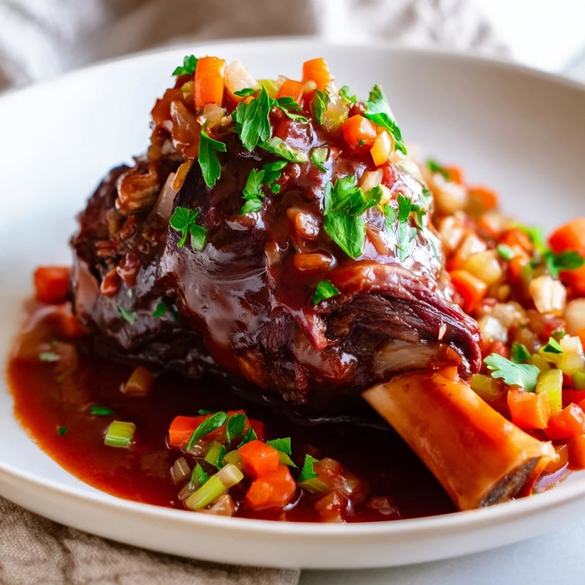 A rustic plate of Braised Lamb Shanks with Red Wine Reduction, garnished with fresh parsley and served over creamy mashed potatoes.
