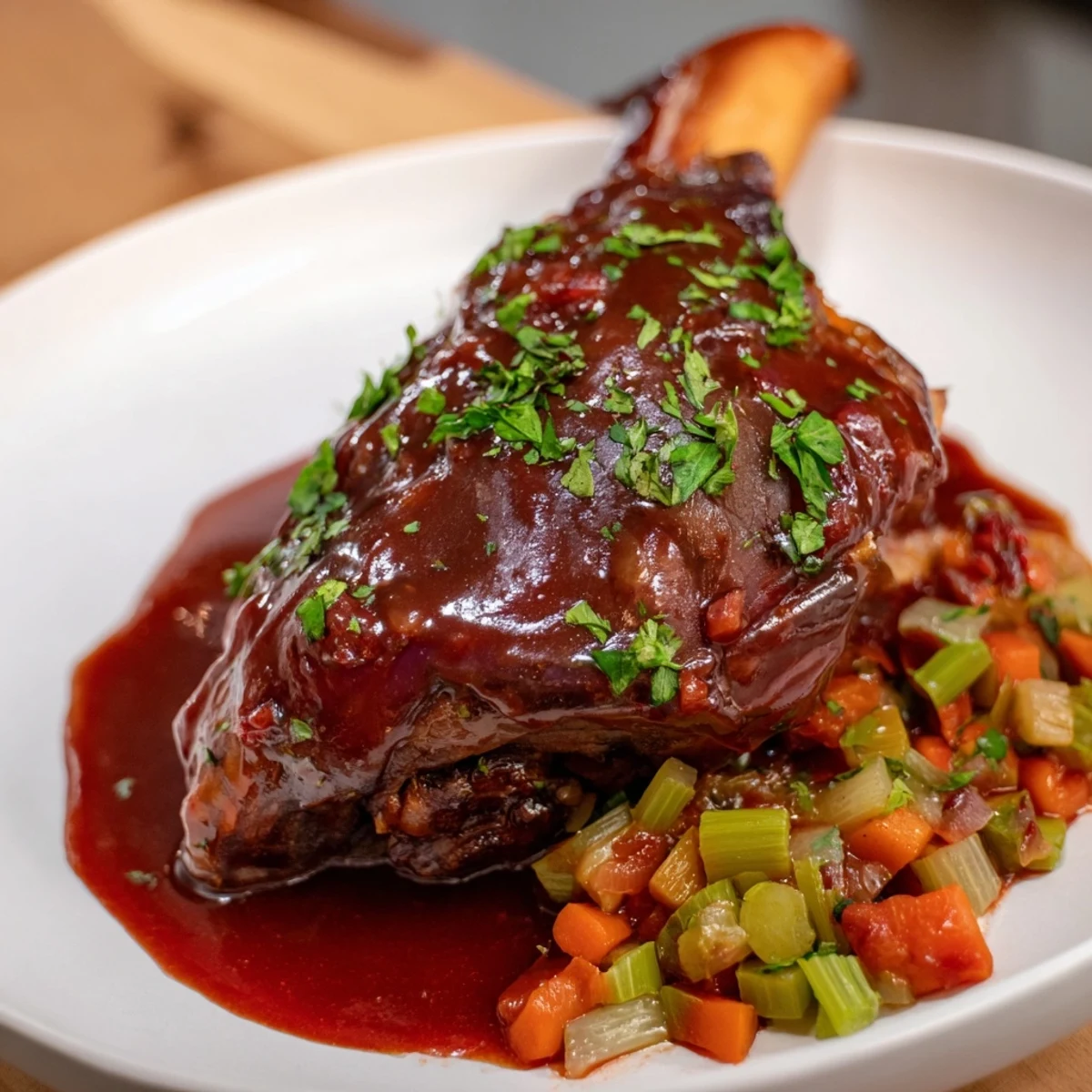 Close up view of Braised Lamb Shanks with Red Wine Reduction showing tender meat falling off the bone with herbs.