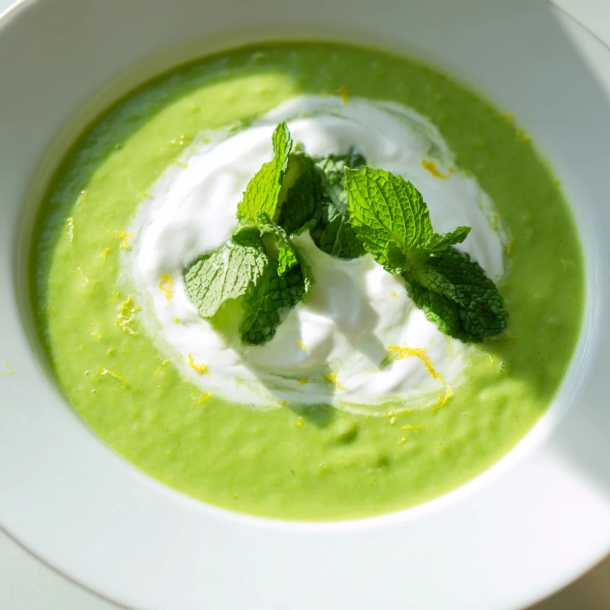 Creamy Spring Pea and Mint Soup with Crème Fraîche in a white bowl, garnished with fresh mint leaves and a swirl of tangy cream.