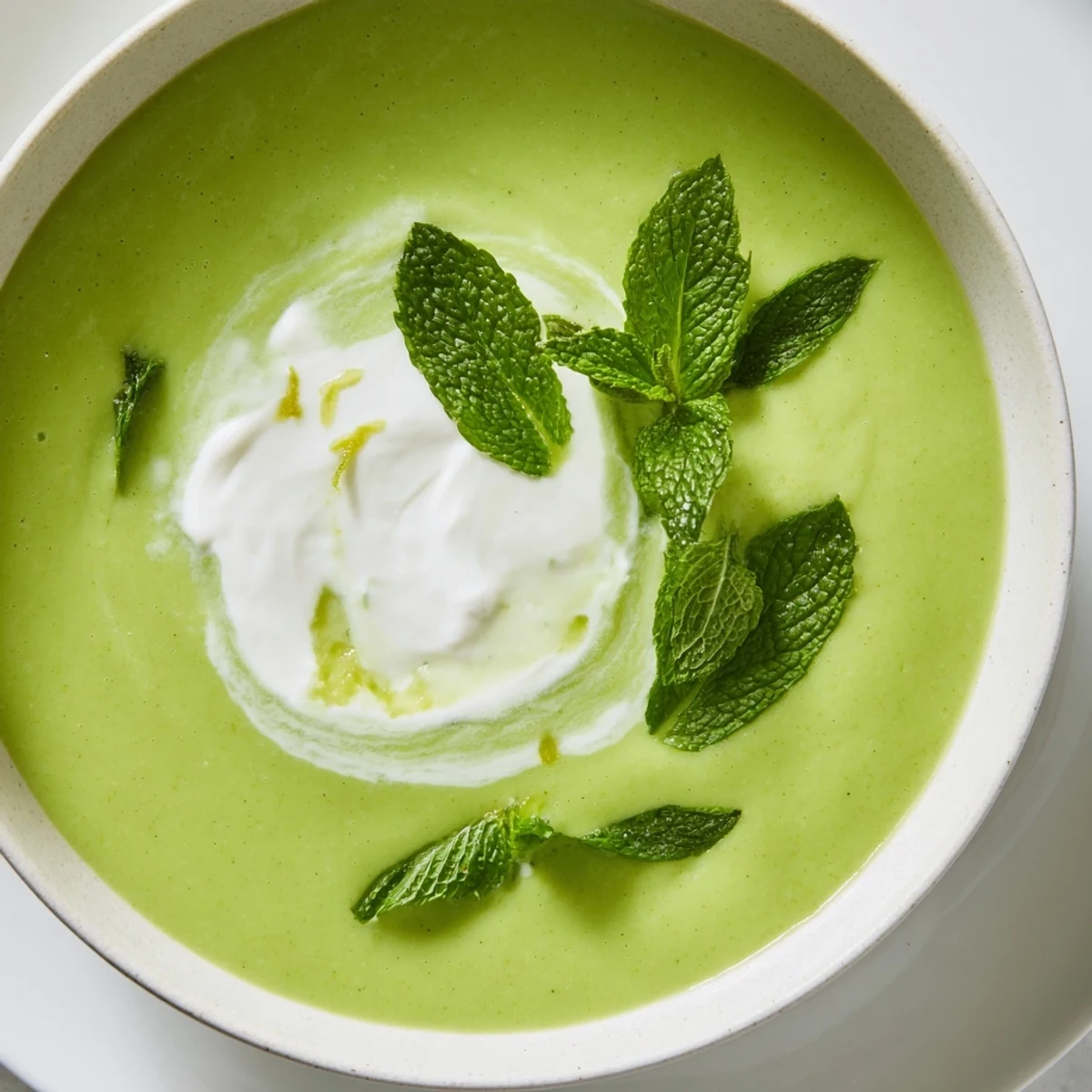 Bright green Creamy Spring Pea and Mint Soup with Crème Fraîche is served steaming hot with crusty bread on the side.